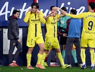 Villarreal's Spanish forward #07 Gerard celebrates scoring his team's second goal during the Spanish league football match between CA Osasuna and Villarreal CF at Sadar Stadium in Pamplona on January 31, 2026. (Photo by ANDER GILLENEA / AFP)