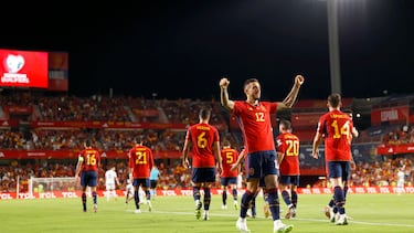 Spain's Joselu celebrates after scoring his side's third goal during the Euro 2024 group A qualifying soccer match between Spain and Cyprus in Granada, Spain, Tuesday, Sept. 12, 2023. (AP Photo/Fermin Rodriguez)