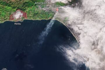 La Agencia Espacial Europea captur una imagen del incendio cerca a Santa Mnica, en California, donde actualmente hay cinco focos activos. En la imagen se muestra como el humo se eleva sobre Santa Mnica.