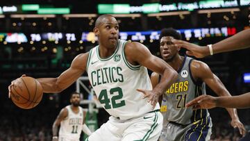 Mar 29, 2019; Boston, MA, USA; Boston Celtics center Al Horford (42) works the ball against Indiana Pacers forward Thaddeus Young (21) in the second half at TD Garden. Celtics defaced the Pacers 114-112.Mandatory Credit: David Butler II-USA TODAY Sports
