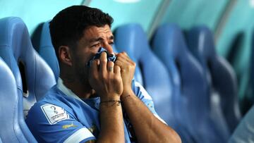 AL WAKRAH, QATAR - DECEMBER 02: Luis Suarez of Uruguay shows dejection after the team fails to qualify for the knockout stage despite their 2-0 victory in the FIFA World Cup Qatar 2022 Group H match between Ghana and Uruguay at Al Janoub Stadium on December 02, 2022 in Al Wakrah, Qatar. (Photo by Maja Hitij - FIFA/FIFA via Getty Images)