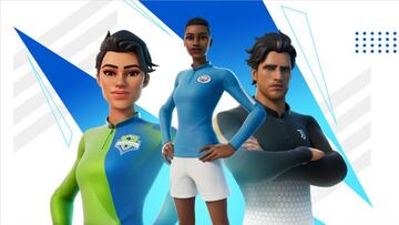 Imagen promocional mostrando el aspecto de los nuevos skins con equipaciones oficiales de clubes reales en Fortnite