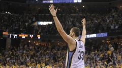 Apr 22, 2017; Memphis, TN, USA; Memphis Grizzlies center Marc Gasol (33) celebrates during the second half against the San Antonio Spurs in game four of the first round of the 2017 NBA Playoffs at FedExForum. Memphis Grizzlies defeated the San Antonio Spurs 110-108 in overtime. Mandatory Credit: Justin Ford-USA TODAY Sports