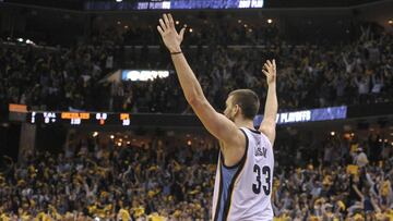 Apr 22, 2017; Memphis, TN, USA; Memphis Grizzlies center Marc Gasol (33) celebrates during the second half against the San Antonio Spurs in game four of the first round of the 2017 NBA Playoffs at FedExForum. Memphis Grizzlies defeated the San Antonio Spurs 110-108 in overtime. Mandatory Credit: Justin Ford-USA TODAY Sports