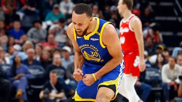 Apr 1, 2025; Memphis, Tennessee, USA; Golden State Warriors guard Stephen Curry (30) reacts during a time out during the first quarter against the Memphis Grizzlies at FedExForum. Mandatory Credit: Petre Thomas-Imagn Images