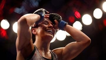 LAS VEGAS, NEVADA - MARCH 04: Alexa Grasso of Mexico reacts to her win over Valentina Shevchenko of Kyrgyzstan in the UFC flyweight championship fight during the UFC 285 event at T-Mobile Arena on March 04, 2023 in Las Vegas, Nevada.   Chris Graythen/Getty Images/AFP (Photo by Chris Graythen / GETTY IMAGES NORTH AMERICA / Getty Images via AFP)