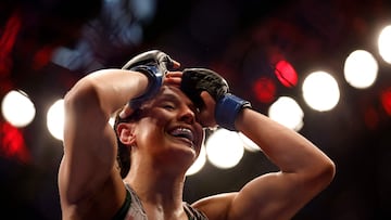 LAS VEGAS, NEVADA - MARCH 04: Alexa Grasso of Mexico reacts to her win over Valentina Shevchenko of Kyrgyzstan in the UFC flyweight championship fight during the UFC 285 event at T-Mobile Arena on March 04, 2023 in Las Vegas, Nevada.   Chris Graythen/Getty Images/AFP (Photo by Chris Graythen / GETTY IMAGES NORTH AMERICA / Getty Images via AFP)
