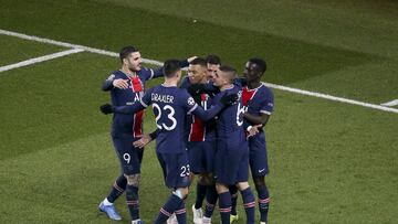 Kylian Mbappe of PSG celebrates his goal on a penalty kick with teammates during the UEFA Champions League, round of 16, 2nd leg football match between Paris Saint-Germain (PSG) and FC Barcelona (Barca) on March 10, 2021 at Parc des Princes stadium in Par