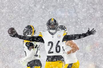 Nov 21, 2024; Cleveland, Ohio, USA; Pittsburgh Steelers cornerback Donte Jackson (26) celebrates following an interception against the Cleveland Browns during the fourth quarter at Huntington Bank Field Stadium. Mandatory Credit: Scott Galvin-Imagn Images