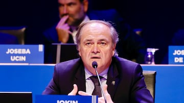 Jokin Aperribay, presidente de la Real Sociedad, durante la Junta de Accionistas.