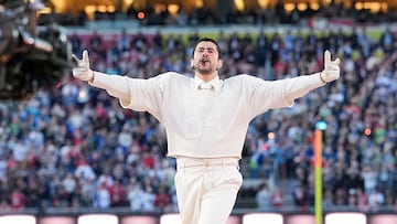 SANTA CLARA, CALIFORNIA - FEBRUARY 08: Musician Bad Bunny performs during the Apple Music halftime show at the NFL Super Bowl LX football game between the Seattle Seahawks and New England Patriots at Levi Stadium on February 8, 2026 in Santa Clara, California. (Photo by Todd Rosenberg/Getty Images)