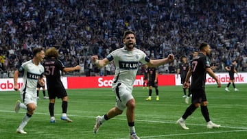 VANCOUVER, BRITISH COLUMBIA - APRIL 24: Brian White #24 of the Vancouver Whitecaps FC celebrates after scoring the team's first goal during the CONCACAF Champions Cup Semi-final first leg match between Vancouver Whitecaps and Inter Miami CF at BC Place on April 24, 2025 in Vancouver, British Columbia. Jeff Vinnick/Getty Images/AFP (Photo by JEFF VINNICK / GETTY IMAGES NORTH AMERICA / Getty Images via AFP)