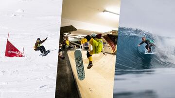 De izquierda a derecha, un snowboarder en Alto Campoo, un skater en Obsession Surf Santander y un surfista en la playa del Sardinero, en Santander, Cantabria, Espa&ntilde;a, durante la celebraci&oacute;n de la prueba OA2 FuSSSion 2022, del 11 al 13 de marzo. 