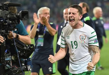 Ireland's Robbie Brady celebrates after Ireland's crucial Group E win over Italy.