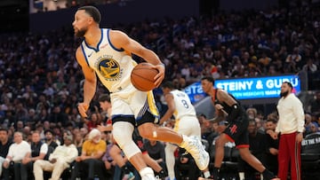 Apr 5, 2026; San Francisco, California, USA; Golden State Warriors guard Stephen Curry (30) dribbles the ball against the Houston Rockets in the fourth quarter at the Chase Center. Mandatory Credit: Cary Edmondson-Imagn Images