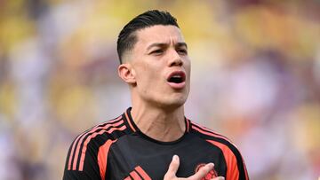 LANDOVER, MARYLAND - JUNE 8: Mateus Uribe #15 of Colombia stands for the national anthem before the match between Colombia and USMNT at Commanders Field on June 8, 2024 in Landover, Maryland. (Photo by Stephen Nadler/ISI Photos/Getty Images)