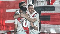 Jugadores de River Plate celebrando un gol en la victoria sobre Defensa y Justicia por Copa Argentina.