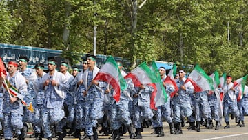 Iranian armed forces members march during the National Army Day parade ceremony in Tehran, Iran, April 17, 2024. Majid Asgaripour/WANA (West Asia News Agency) via REUTERS ATTENTION EDITORS - THIS IMAGE HAS BEEN SUPPLIED BY A THIRD PARTY.