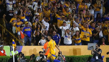 Tigres' Argentine midfielder #11 Juan Brunetta celebrates after scoring his team's first goal during the Liga MX Clausura tournament quarter-final second leg football match between Tigres and Necaxa at the UANL University Stadium in San Nicol�s de los Garza, Nuevo Leon state, Mexico on May 11, 2025. (Photo by Julio Cesar AGUILAR / AFP)