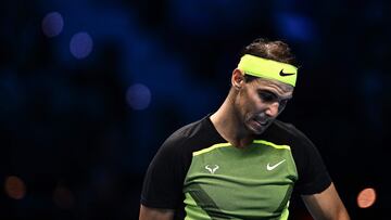 Spain's Rafael Nadal reacts during his round-robin match against Canada's Felix Auger-Aliassime on November 15, 2022 at the ATP Finals tennis tournament in Turin. (Photo by Marco BERTORELLO / AFP)