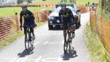 Nairo Quintana y Alejandro Valverde entrenan en el recorrido de la Lieja-Basto&ntilde;a-Lieja.