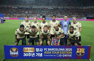 Arriba: Cubarsí, Frenkie de Jong, Koundé, Ronald Araujo, Joan García y Lewandowski.
Abajo: Raphinha, Pedri, Dani Olmo, Lamine Yamal y Alejandro Balde.