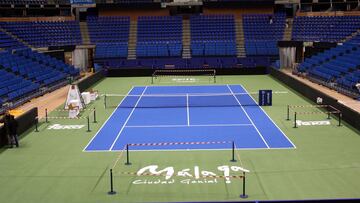 Imagen de la pista de tenis instalada en el Pabell&oacute;n Mart&iacute;n Carpena de M&aacute;laga para el Masters de Tenis de M&aacute;laga.