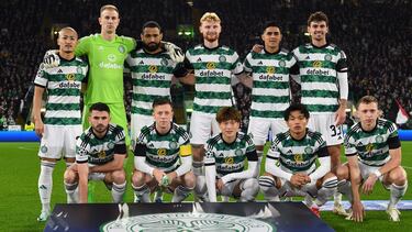 (front row from L to R) Celtic's Scottish defender #03 Greg Taylor, Celtic's Scottish midfielder #42 Callum McGregor, Celtic's Japanese striker #08 Kyogo Furuhashi, Celtic's Japanese midfielder #41 Reo Hatate, Celtic's Canadian defender #02 Alistair Johnston (back row from L to R) Celtic's Japanese striker #38 Daizen Maeda, Celtic's English goalkeeper #01 Joe Hart, Celtic's American defender #20 Cameron Carter-Vickers, Celtic's Irish defender #05 Liam Scales, Celtic's Honduras striker #07 Luis Palma and Celtic's Danish midfielder #33 Matthew O'Riley pose for team photo prior to the UEFA Champions League group E football match between Celtic and Atletico Madrid at Celtic Park stadium in Glasgow, Scotland, on October 25, 2023. (Photo by ANDY BUCHANAN / AFP)