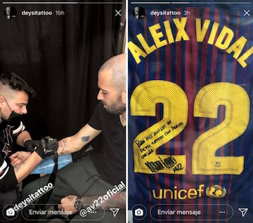 Aleix Vidal mientras le hac&iacute;an un tatuaje en Deysi Tattoo y la camiseta que regal&oacute; al estudio dedicada.