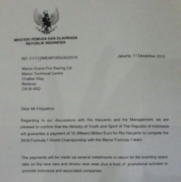 Documento oficial del Gobierno de Indonesia dirigido a Manor.