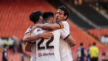 Maxi Gomez  of Valencia CF  celebrate after scoring the 1-0 goal with his teammate Carlos Soler of Valencia CF and Dani Parejo of Valencia CF     during  Spanish La Liga match between Valencia CF and Real Valladolid CF  at Mestalla  stadium. In Valencia o