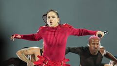 IN BARAKALDO, VIZCAYA BASQUE CO, SPAIN - JULY 27: Singer Rosalia during her concert at the Barakaldo Bizkaia Arena Bec, on 27 July, 2022 in Barakaldo, Vizcaya, Basque Country, Spain. The world tour 'Motomami Tour', with which Rosalia will tour 16 countries, started in the city of Almeria on July 6. Around a hundred people from the technical team are working with the singer, who have eight trucks of materials to put on the show with a unique audiovisual display. (Photo By H.Bilbao/Europa Press via Getty Images)