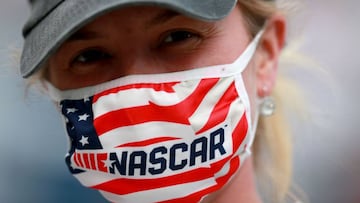 BRISTOL, TENNESSEE - SEPTEMBER 19: a fan with NASCAR mask poses for a photo prior to the NASCAR Cup Series Bass Pro Shops Night Race at Bristol Motor Speedway on September 19, 2020 in Bristol, Tennessee.   Sean Gardner/Getty Images/AFP
 == FOR NEWSPAPERS,