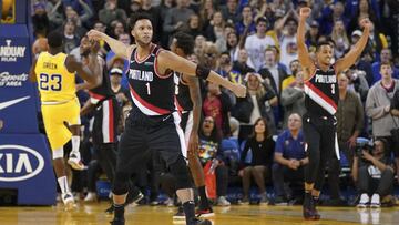 December 27, 2018; Oakland, CA, USA; Portland Trail Blazers guard Evan Turner (1) and guard CJ McCollum (3) celebrate after the game against the Golden State Warriors at Oracle Arena. Mandatory Credit: Kyle Terada-USA TODAY Sports