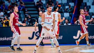 Rudy Fernández, alero de la Selección, celebra una canasta ante Letonia en el Mundial de baloncesto.