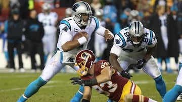 Dec 19, 2016; Landover, MD, USA; Carolina Panthers quarterback Cam Newton (1) runs with the ball past Washington Redskins defensive end Trent Murphy (93) in the fourth quarter at FedEx Field. The Panthers won 26-15. Mandatory Credit: Geoff Burke-USA TODAY Sports