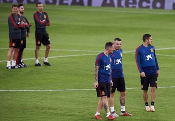 SEVILLE, SPAIN - OCTOBER 14: Iago Aspas of Spain speaks to Paco Alcacer of Spain during the Spain Training Session ahead of their UEFA Nations League match against Spain at Estadio Benito Villamarin on October 14, 2018 in Seville, Spain.  (Photo by Aitor 