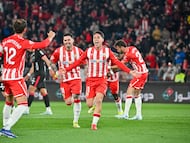 Arribas celebra un gol a la Cultural Leonesa.
