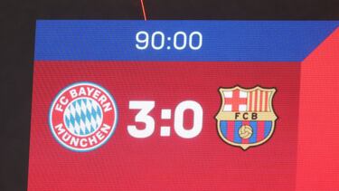MUNICH, GERMANY - DECEMBER 08: The scoreboard show the final score of 3-0 at the final whistle of the UEFA Champions League group E match between FC Bayern München and FC Barcelona at Football Arena Munich on December 08, 2021 in Munich, Germany. (Ph