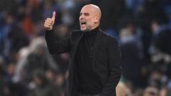 Manchester City's Spanish manager Pep Guardiola gestures on the touchline during the UEFA Champions League round of 16, second-leg, football match between Manchester City and FC Copenhagen at the Etihad Stadium, in Manchester, north west England, on March 6, 2024. (Photo by Oli SCARFF / AFP)