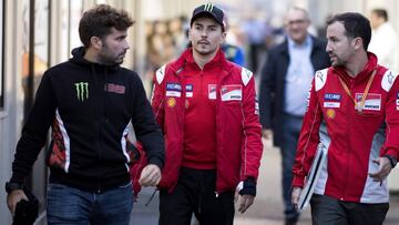 MOTEGI, JAPAN - OCTOBER 19: Jorge Lorenzo of Spain and Ducati Team (center) walks in the paddock during the MotoGP of Japan - Free Practice at Twin Ring Motegi on October 19, 2018 in Motegi, Japan. (Photo by Mirco Lazzari gp/Getty Images)