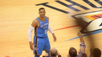 Nov 22, 2017; Oklahoma City, OK, USA; Oklahoma City Thunder guard Russell Westbrook (0) reacts towards fans against the Golden State Warriors during the third quarter at Chesapeake Energy Arena. Mandatory Credit: Mark D. Smith-USA TODAY Sports