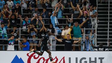 Jul 27, 2023; Saint Paul, MN, USA; Minnesota United forward Bongokuhle Hlongwane (21) celebrates his goal against the Chicago Fire during the second half at Allianz Field. Mandatory Credit: Matt Krohn-USA TODAY Sports