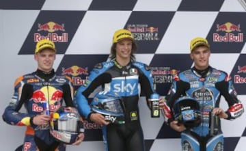 Nicolò Bulega, primero, junto al sudafricano Brad Binder y Jorge Navarro forman la primera línea de Moto3.