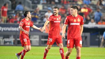 Aug 5, 2025; Bronx, NY, USA; Toluca FC forward Paulinho (26) celebrates his goal Toluca FC midfielder Jesus Angulo (10) during the first half against New York City FC at Yankee Stadium. Mandatory Credit: Mark Smith-Imagn Images