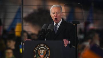WARSAW, POLAND - FEBRUARY 21: US President Joe Biden delivers a speech at the Royal Castle Arcades during his visit in Warsaw, Poland on February 21, 2023. President Biden is visiting Warsaw for the second time in less than a year, following a surprise visit to Kyiv where he met with the Ukrainian president to bolster U.S. support for Ukraine on the eve of the one-year anniversary of the Russian- Ukrainian War. (Photo by Artur Widak/Anadolu Agency via Getty Images)