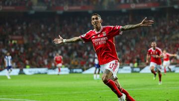 Benfica's Argentinian forward #11 Angel Di Maria celebrates scoring the opening goal during the Portugal's Candido de Oliveira Super Cup final football match between SL Benfica and FC Porto at the Municipal Stadium in Aveiro, on August 9, 2023. (Photo by CARLOS COSTA / AFP)