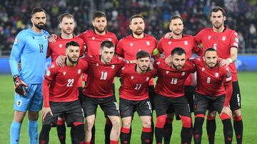 Tbilisi (Georgia), 26/03/2024.- (FILE) - The starting eleven of Georgia players pose for the team picture before the UEFA EURO 2024 play-off between Georgia and Greece in Tbilisi, Georgia, 26 March 2024 (re-issued 06 June 2024). (re-issued 06 June 2024). Georgia will play in Group F at the UEFA EURO 2024 with Czech Republic, Portugal and Turkey. Top from L: Giorgi Mamardashvili, Budu Zivzivadze, Lasha Dvali, Guram Kashia, Otar Kakabadse and Solomon Kverkvelia. Front from L: Georges Mikautadze, Giorgi Chakvetadze, Otar Kiteishvili, Levan Shengelia and Giorgi Kochorashvili. (República Checa, Grecia, Turquía) EFE/EPA/TAMUNA KULUMBEGASHVILI
