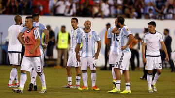 26/06/16 PARTIDO FINAL DE LA COPA AMERICA CENTENARIO 2016 ARGENTINA - CHILE CHILE CAMPEONA GRUPO ARGENTINA DECEPCION TRISTEZA Facundo Roncaglia , Angel Di Maria , Javier Mascherano , Gonzalo Higuain , Nicolas Gaitan