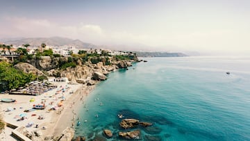 View of Calahonda beach and the Mediterranean Sea from El Balcon de Europa, Nerja, Spain.